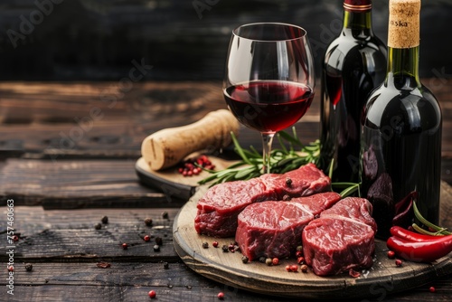 A wooden table displays bottles of wine and various cuts of meat, including raw beef steaks, seasonings, and a glass of red wine