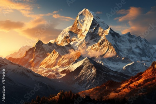 A snowy mountain under a sunset sky in a natural landscape © JackDong