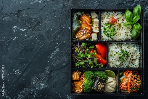 A bento box filled with an assortment of different types of food, including rice, sushi, vegetables, and meat, perfect for a balanced meal
