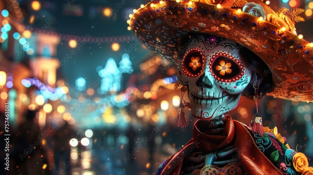 Vibrant Day of the Dead Skull in Festive Ambiance