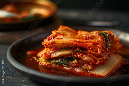 A plate of kimchi served on a dark table under atmospheric lowlight to enhance the mood and focus