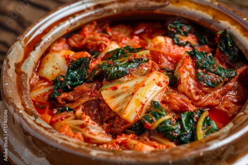 Close-up shot of a bowl of food containing spinach and various vegetables, including kimchi, showcasing vibrant colors and textures