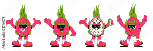 Set retro groovy fruit characters. Hand drawn doodles of dragon fruit comic mascots. Modern illustration with cute comics characters. Set in modern retro vibes.