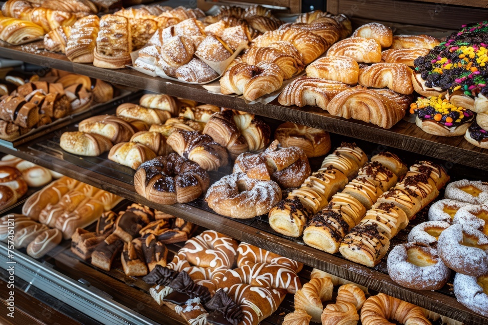 A display case in a bakery showcasing an assortment of freshly baked donuts in different flavors and toppings
