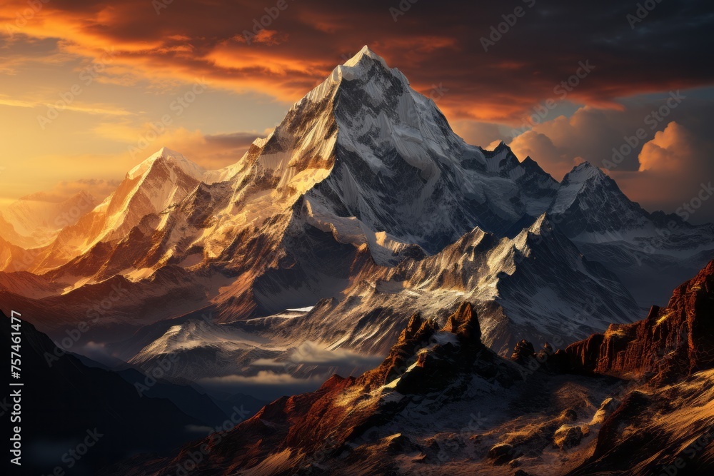 Snowy mountain painting during sunset with cloudfilled sky