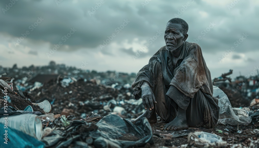 Elderly man contemplating in landfill site Elderly man contemplating in landfill site