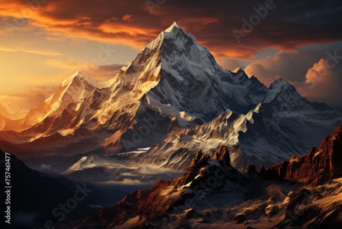 Snowy mountain painting during sunset with cloudfilled sky