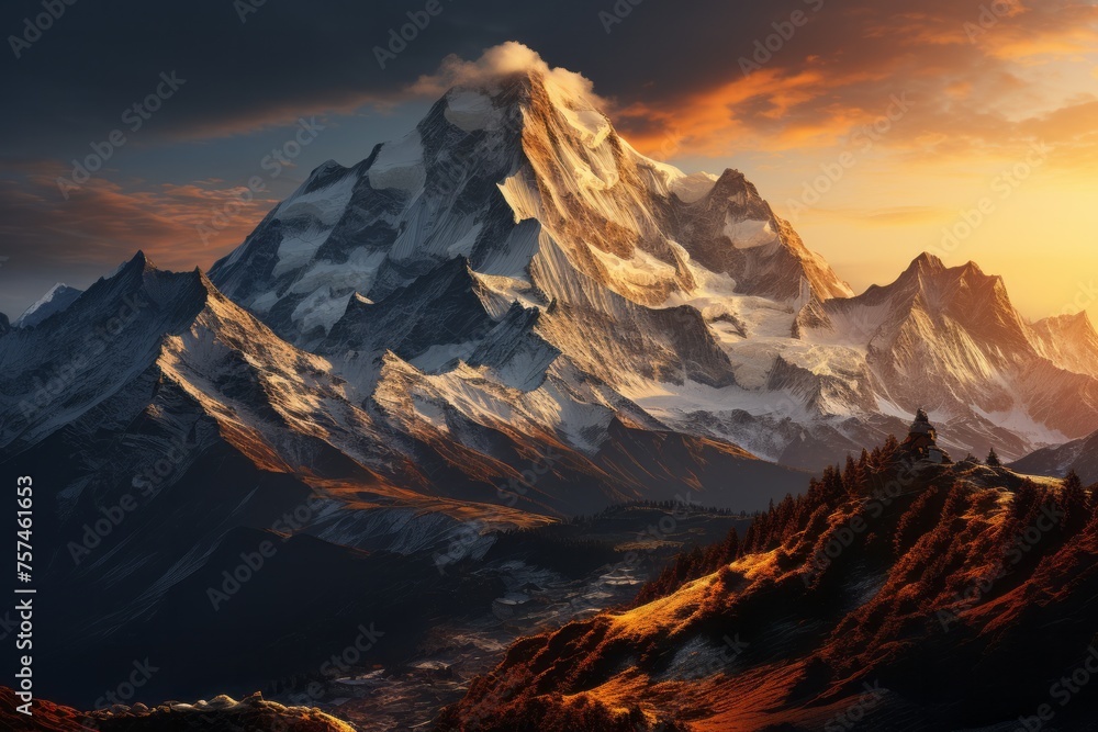 Sunset illuminating snowy mountain, painting the sky with vivid colors