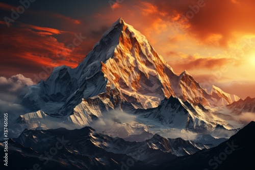 Snowcovered mountain at sunset with sun breaking through clouds in the sky