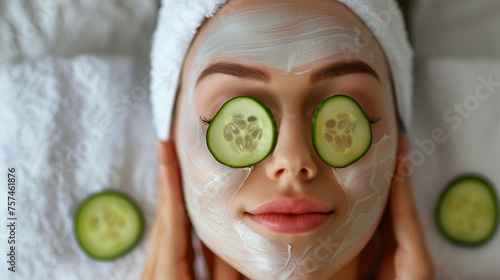 Young woman receiving natural facial treatment with cucumber on eyes 