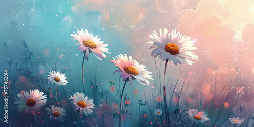 Beautiful field of daisies under a blue sky with blooming pink flowers, a serene and colorful natural landscape