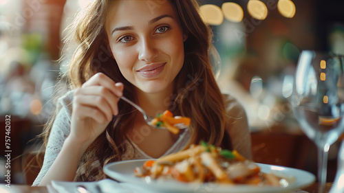 pretty young woman in restaurant  pretty young woman eating in the restaurant  restaurant scene