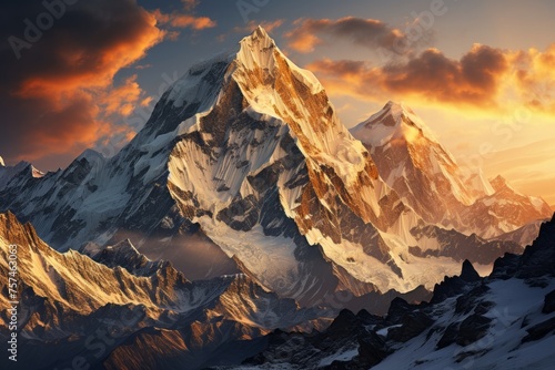Snowy mountain at sunset with cloudy sky, a stunning natural landscape