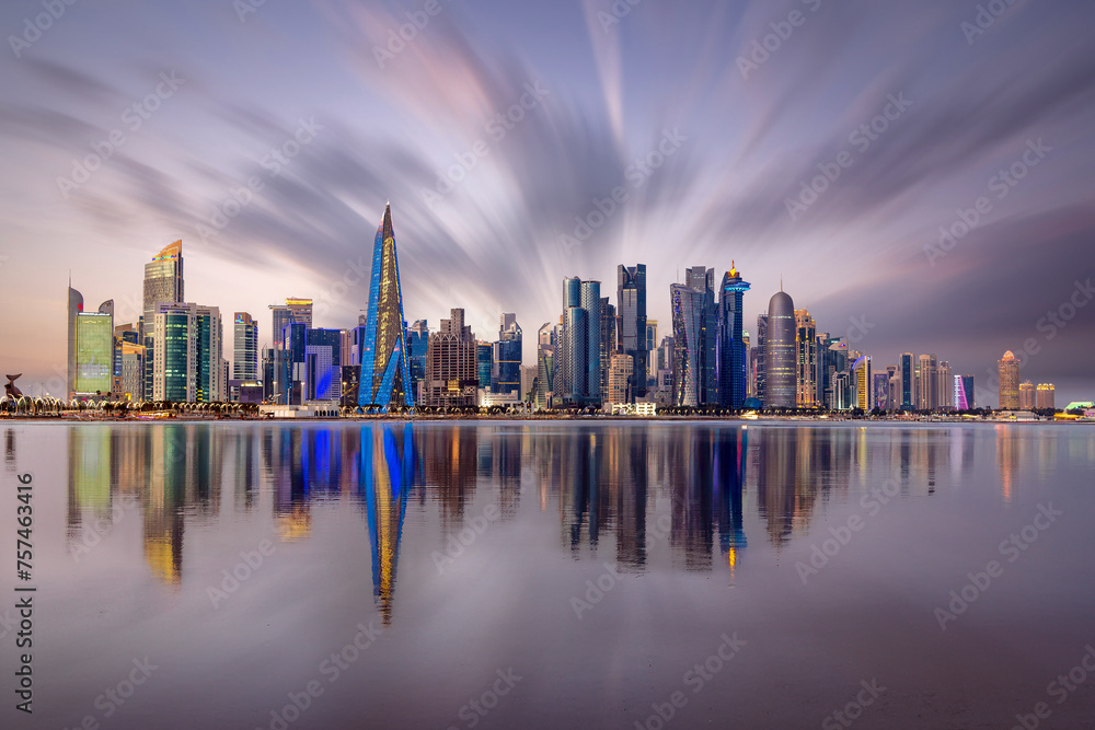 The Panoramic skyline of Doha, Qatar during sunrise	
