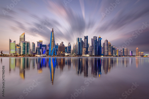 The Panoramic skyline of Doha, Qatar during sunrise 
