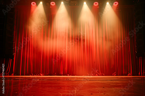 empty stage with spotlights on and red curtain