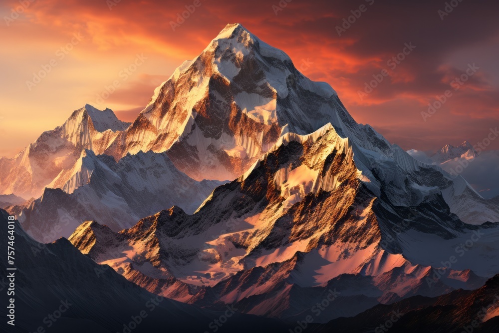 Snowcovered mountain at sunset, surrounded by clouds and a colorful sky