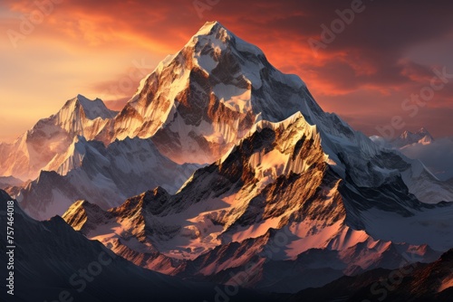 Snowcovered mountain at sunset, surrounded by clouds and a colorful sky photo