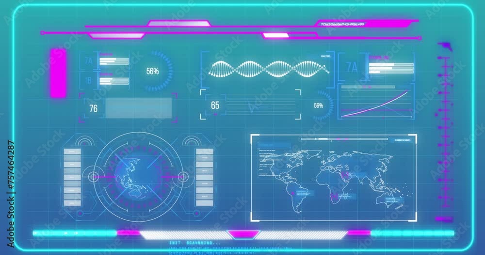Animation of globe, world map and charts processing data on interface with blue background Animation of globe, world map and charts processing data on interface with blue background