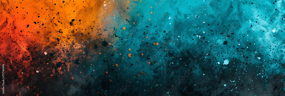Vibrant bursts of color in teal, orange, and black gradient with a dynamic grainy texture. Great for a high-energy and eye-catching poster.