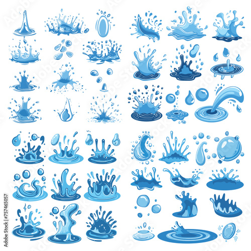 Vector pouring water splashes and drops flat icons set vector illustration isolated on background