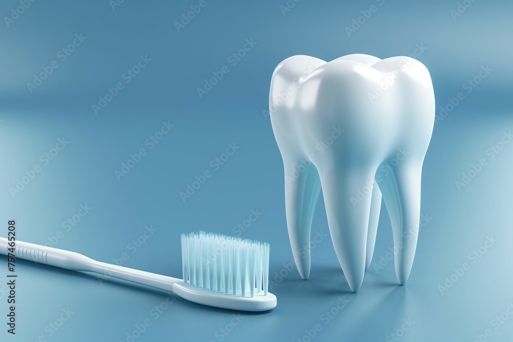 A single, white, healthy-looking molar tooth next to toothbrush against a light blue background. Dental care concept, 3d rendering. A single, white, healthy-looking molar tooth next to toothbrush against a light blue background. Dental care concept, 3d rendering.