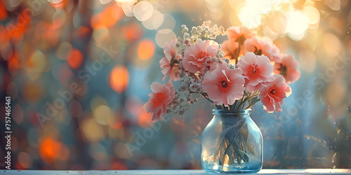 Flowers in jar Beautiful fresh spring bouquet Beautiful flowers bouquet and bokeh background Valentine's day. photo