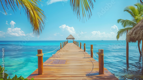 Exotic tropical resort. Jetty near Cancun, Mexico. Travel, Tourism and Vacations Concep