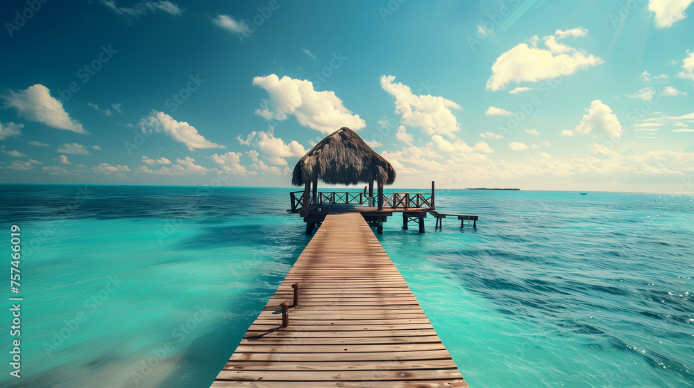 Exotic tropical resort. Jetty near Cancun, Mexico. Travel, Tourism and Vacations Concep - obrazy, fototapety, plakaty 