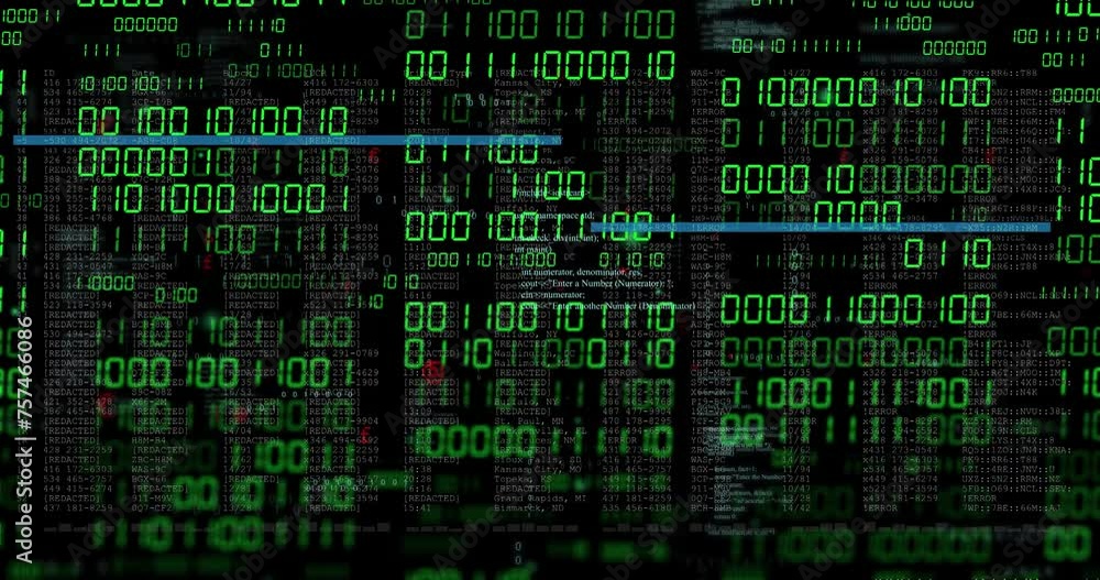 Animation of blue lines and binary processing over text data on black background Animation of blue lines and binary processing over text data on black background