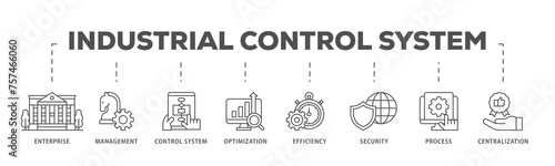 Industrial control system infographic icon flow process which consists of enterprise, management, control system, optimization, efficiency icon live stroke and easy to edit 
