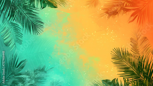 Tropical vibes with an orange  turquoise  and lime green gradient background  enhanced by a grainy texture. Great for a vibrant summer party poster
