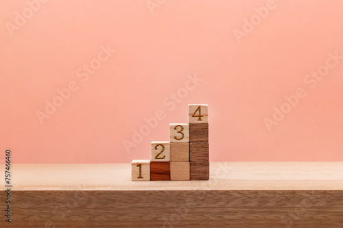 ピンクの背景上に並ぶ数字入りの4段のステップの正面