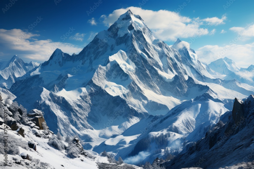 Snowy mountain with clear blue sky, creating a picturesque natural landscape