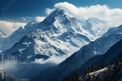 Snowcovered mountain with clouds and electric blue sky