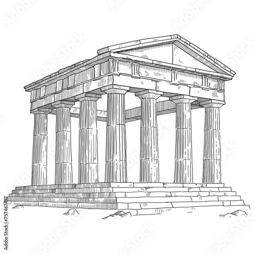 Ruins of an ancient Greek temple with columns. Linear sketch on a beige background.