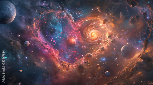 A composition of celestial bodies, including planets and stars, arranged to form an otherworldly heart against a cosmic backdrop.