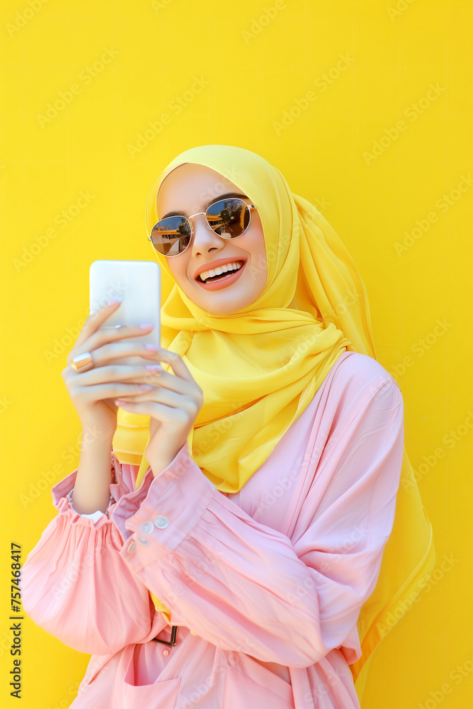 Obraz premium Cheerful Young Muslim Woman in Hijab Using Smartphone on Vibrant Yellow Background