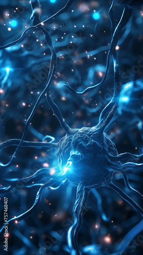 Neuron Cell with Glowing Synapses in Neural Network © colnihko