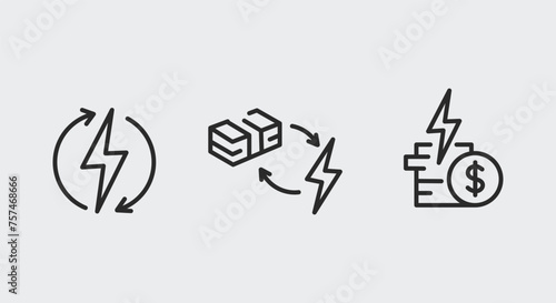 3 black icons - lightning bolts with a circle logo, a powerhouse, and coins with a dollar sign on a white background. Perfect for web, mobile, SMM. Environmental, eco icons. Vector illustration.