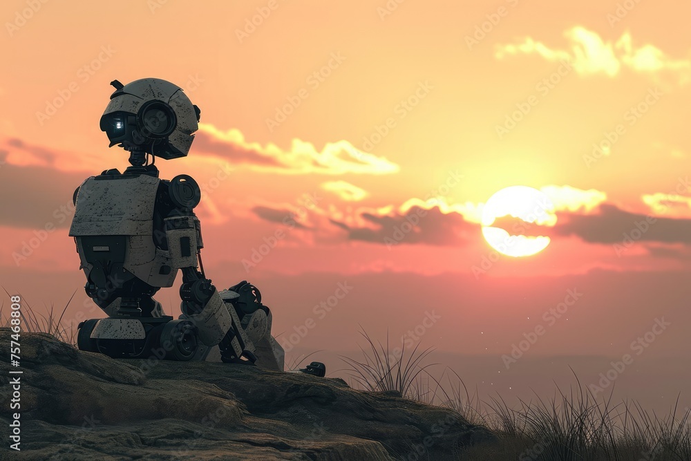 A robot perched on top of a hill, illuminated by the golden light of sunset, A robot watching a sunset in solitude, AI Generated