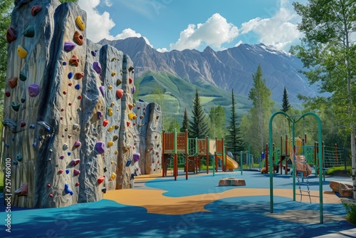A vibrant childrens play area featuring a colorful climbing wall for kids to enjoy, A rock climbing themed playground in a mountainous landscape, AI Generated photo