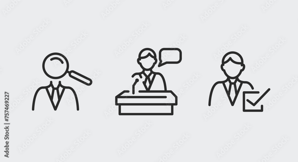 3 black line icons representing three people as election candidates for promotional materials, SMM. The pictograms include electing a candidate, campaigning and voting. Vector Illustration. 3 black line icons representing three people as election candidates for promotional materials, SMM. The pictograms include electing a candidate, campaigning and voting. Vector Illustration.