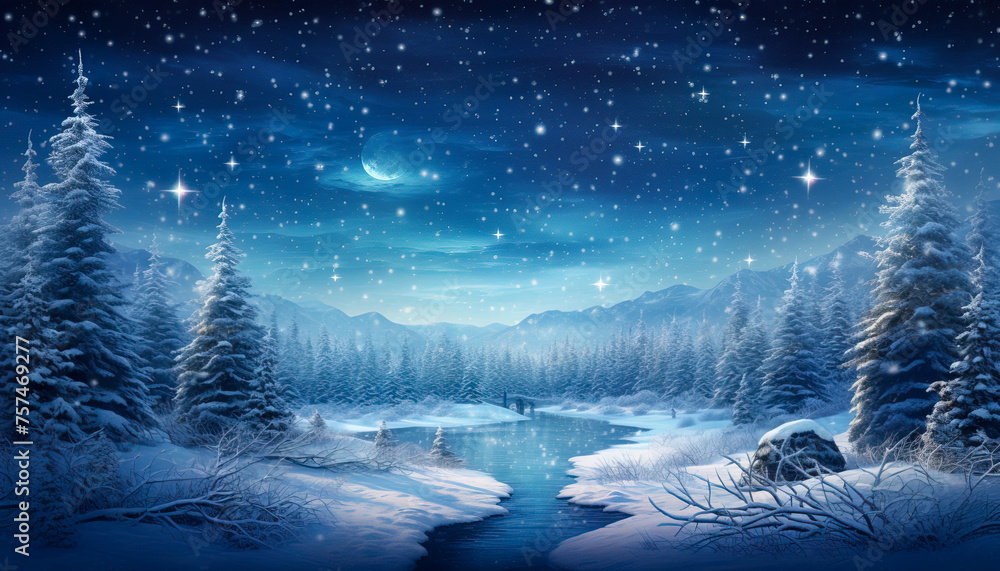 A winter scene with a river and snow-covered trees, sky is dark and starry
