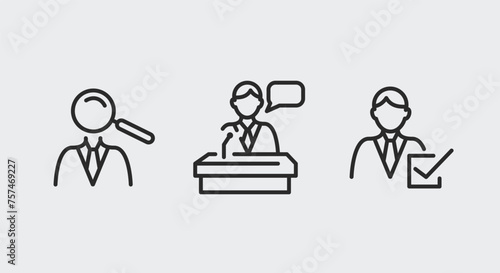 3 black line icons representing three people as election candidates for promotional materials, SMM. The pictograms include electing a candidate, campaigning and voting. Vector Illustration.  photo