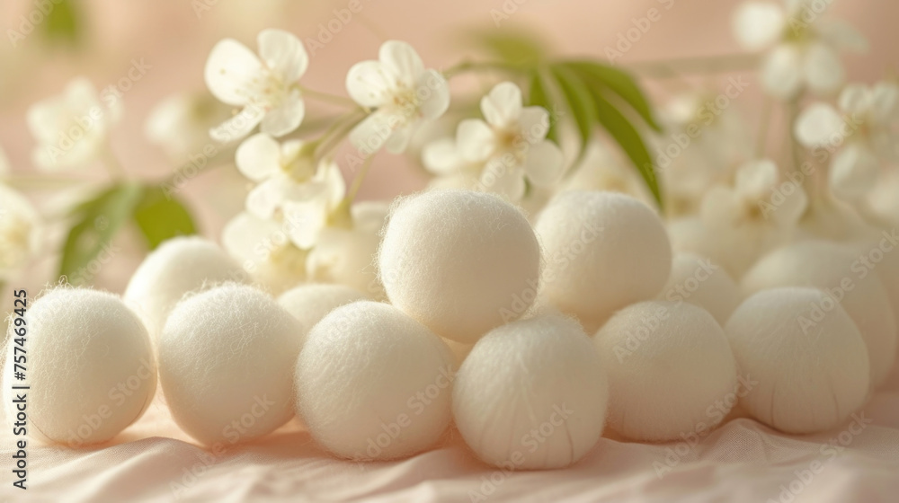 Close up of Cotton Balls Group with White Flowers on Soft Luxury Fabric., Macro Detail View. Beautiful Bloom Cotton Elegance Close up of Cotton Balls Group with White Flowers on Soft Luxury Fabric., Macro Detail View. Beautiful Bloom Cotton Elegance