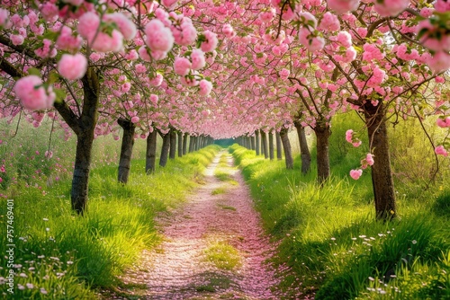 A dirt road meanders through a breathtaking landscape, enveloped by lush trees adorned with vibrant pink flowers, A romantic pathway under blossoming apple trees, AI Generated