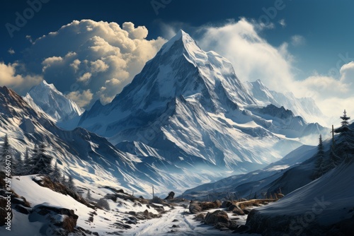 Snowy mountain with clouds in the blue sky, a stunning natural landscape photo