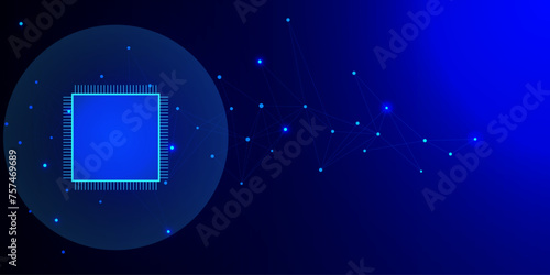 Futuristic microchip with connecting dots and lines. Artificial intelligence and digital high computer technology concept on blue background.