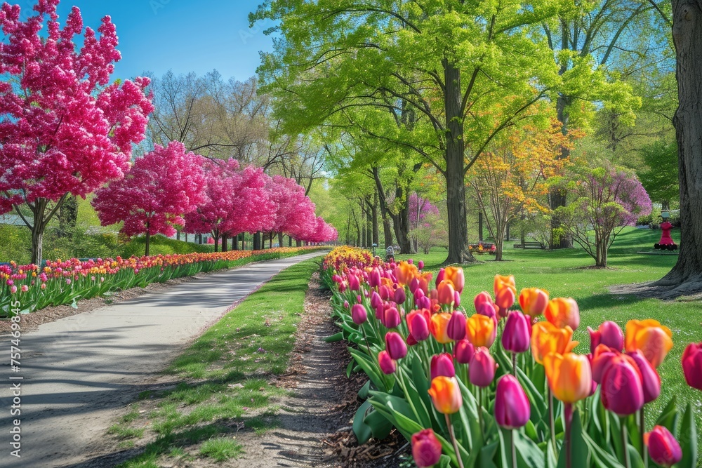 The park is filled with an abundance of pink and yellow flowers, creating a vibrant and colorful sight, A row of vibrant tulip trees in a city park, AI Generated
